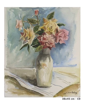 🟢 Tableau À Fleurs Signé Conteduca Peinture Florale Vintage Aquarelle Papier C0 - Photo 1/4