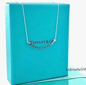 Auth. 18.25" Tiffany & Co T Smile Pendant Adjustible Necklace Silver w/Box & Bag - Picture 1 of 8