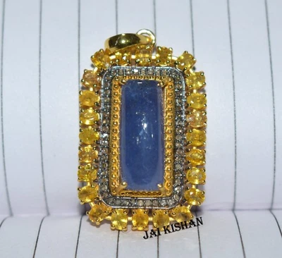 Vero Tanzanite Giallo Zaffiro Gemma 925 Argento Sterling Pavè Diamante Ciondolo - Immagine 1 di 4