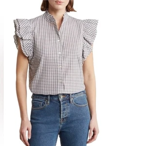 Nordstrom Industry Gingham Blouse Ruffles Short Sleeve Button Up Gray & White XL - Picture 1 of 7