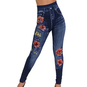 Jeggings Leggings Plus Size Womens Floral Jeggings Stretchy Denim Look Skinny - Picture 1 of 10