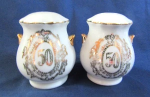 jJAPAN PORCELAIN 50TH ANNIVERSARY GOLD TRIM SALT AND PEPPER SHAKERS - Picture 1 of 4