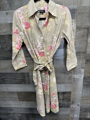 J. Peterman Company Cotton Beige Flowers Tie  Waste Dress Collared Size 8 - Image 1 of 4