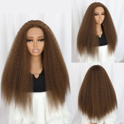 Kinky Straight Lace Front Wigs Synthetic Brown Human Hair Natural Pre Plucked - Image 1 of 4
