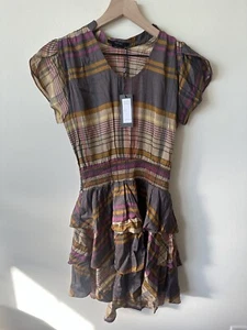 NWT Vertigo Brown Tan Striped Dress Layered Skirt Ruffles Split Sleeves XS - Picture 1 of 4