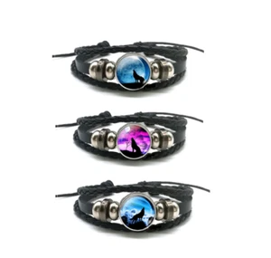 Wolf Bracelet Black Leather Braided Adjustable Pull String Men's Women's Unisex - Picture 1 of 5