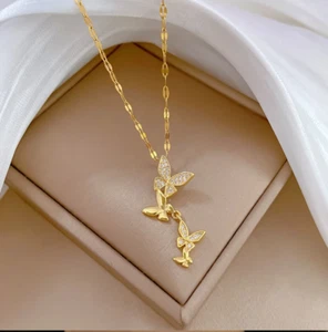 316L Stainless Steel 18K Gold Plated Dazzling Zircon Butterfly Pendant Choker - Picture 1 of 3