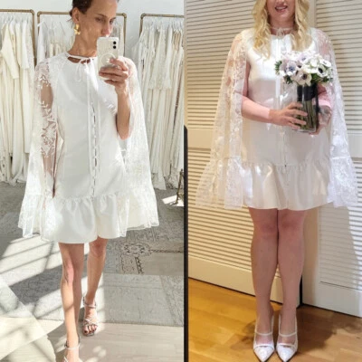 Short Wedding Dresses Satin Ivory With Lace Cape Knee Length White Bridal Gowns - Image 1 of 4