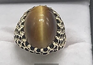 Large Vintage Retro Fine Condition Tiger Cat Eye “Jumbo”Detail Cut 14k Gold Ring - Picture 1 of 11