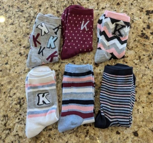 Girls 6-Pair Monogram "K" Crew Socks Pink Maroon White size 9-11 - Picture 1 of 8