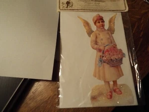 3) Original alte Druckfabrik viktorianische Hängekarten Kind & Blumenkorb Flügel - Bild 1 von 4