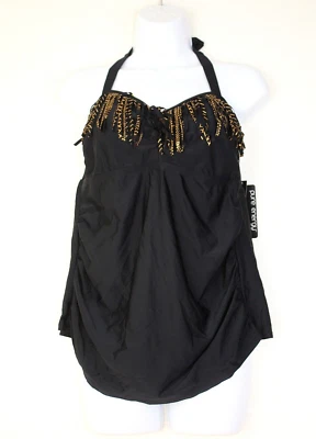 Новый с Ярлыками PURE ENERGY танкини купальник верхний с бретелью через шею черный золотой бахрома плюс размер. 14 Вт #02 - Изображение 1 из 4