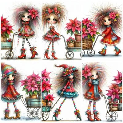 DAZZLING ACE DESIGNS POINSETTA CART QUIRKY Cardmaking Card Toppers Scrapbook Tags Paper Craft