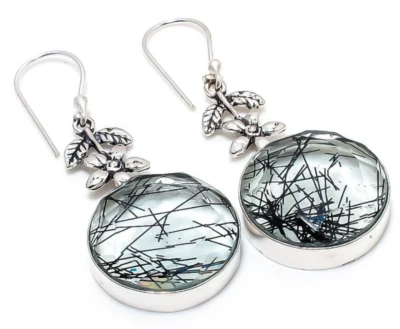 Black Rutilated Quartz Gemstone 925 Sterling Silver Handmade Jewelry Earrings - Image 1 of 4