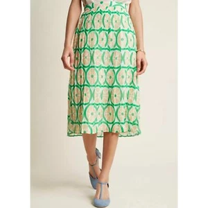 ModCloth Stroke of Genial Retro Pleated Midi Skirt size L Citrus Print Green - Picture 1 of 9