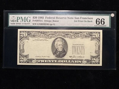 1985 3rd Print On Back Error $20 Note PMG Uncirculated CU66 Missing Print Bill - Image 1 of 3