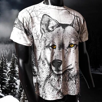 Camisa De Colección Alpha Wolf Mediana Bosque Salvaje Puntada Única Estampado Completo AOP Foto 1 de 4