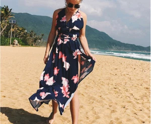Maxi vestido sin espalda azul floral estampado boho fiesta playa vestido soltero cabestrillo - Imagen 1 de 12