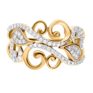 Diamond 925 Sterling Silver "Scroll Vine Leaf" 18K Gold Overlay Ring. - Picture 1 of 6