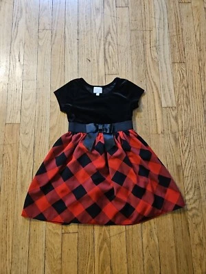 圣诞礼服天鹅绒格子蝴蝶结女孩尺寸 6 缝合腰部错误见图片 — 第 1/4 张图片