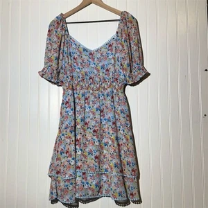 Joy Joy Cottagecore Boho Floral Dress – Puff Sleeve, Tiered Ruffle, Lace Trim M - Picture 1 of 8