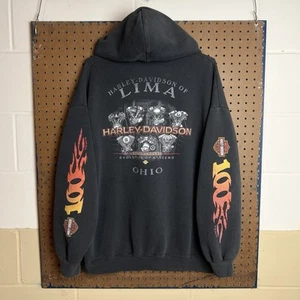 Vintage Harley Davidson Hoodie Mens 2XL Black Flame Sleeves Zip Up Biker Y2K 90s - Picture 1 of 10