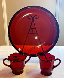 Vintage Royal Ruby Red Glass Scalloped Edge Creamer & Sugar Set with 12" Plate - Picture 1 of 13