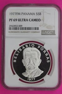 1977 Panama PF 69 Ultra Cameo Proof Silver 5 Balboas NGC Certified Graded 1301 - Picture 1 of 3
