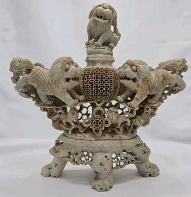 Pedra-sabão chinesa requintadamente esculpida à mão censor de cães foo brincalhões 12"x12x2 - Imagem 1 de 4