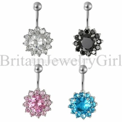 316L Stainless Steel CZ Flower Belly Button Ring Navel Bar Body Piercing - Image 1 of 4