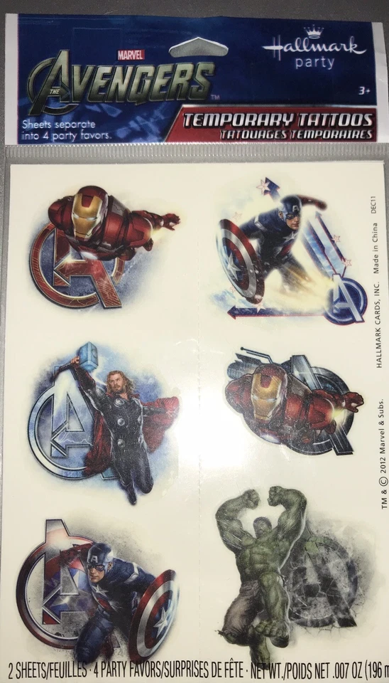 Marvel Los Vengadores Película Tatuajes Temporales Favores de Fiesta 2 Hojas Foto 1 de 1