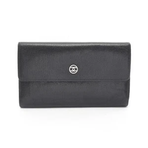 CHANEL COCO Mark Tri-fold long wallet A33922 leather Black Used Women SHW CC - Bild 1 von 7