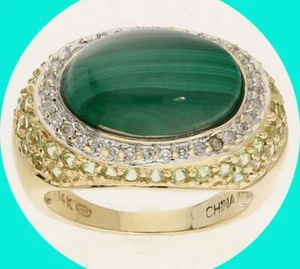 Diamond Malachite Peridot Halo Ring 14K Yellow Gold 7.30CT Size 6 1/4 - Picture 1 of 8