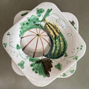 Set 2 Bonwit Teller Dessertteller 7,25" eckig Melone Kürbis Vintage rustikal RAR - Bild 1 von 7