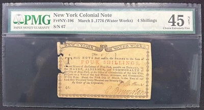 1776 New York Water Works Colonial Currency Fr. NJ- 196 PMG 45 NET - Vivid Note - Image 1 of 2