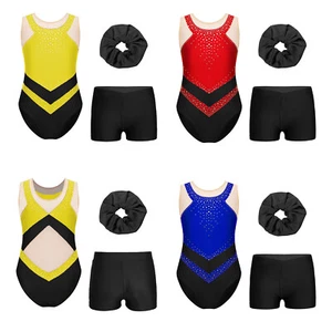 Kids Girls Unitard Practice Bodysuit Gymnastics Leotard With Shorts Ballroom - Picture 1 of 27