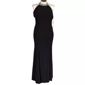 IEENA Mac Duggal Gown Dress Womens 12 Black Beaded Halter Jersey Maxi NEW - Picture 1 of 12