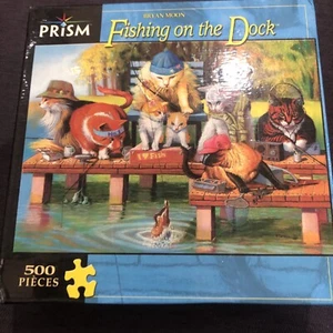 BRYAN MOON'S " FISHING ON THE DOCK "- BRAND NEW 500 PIECE CAT PUZZLE BY PRISM - Picture 1 of 2