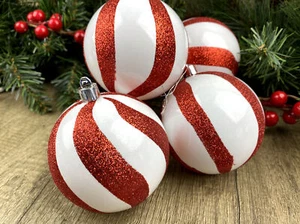 Candy Cane Christmas Baubles 8cm Tree Decorations - Red White Swirl - Set of 6 - Picture 1 of 3