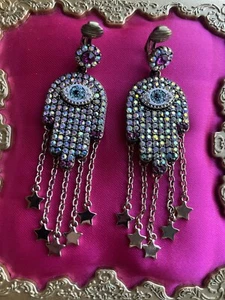 Betsey Johnson Mystic Baroque Hamsa Evil Eye Hand Star Clip On Earrings RARE - Picture 1 of 4