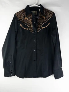 Roper Western Shirt Mens M Black Embroidered Cowboy Black Pearl Snap Long Sleeve - Picture 1 of 7