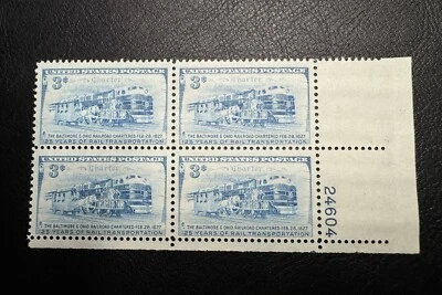 US Scott #1006 Plate Block  B & O Railroad Rail Transportation 3¢ MNH OG - Image 1 of 3