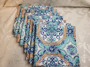 8 ~ Cynthia Rowley cloth napkins polyester aqua/ orange floral design 18" square - Picture 1 of 5