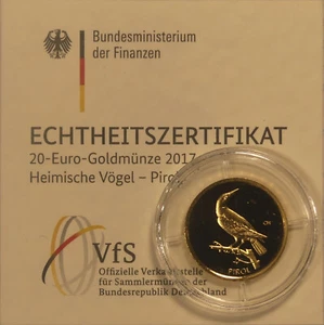 Bundesrepublik €20 Gold 2017-G Pirol, Stgl. im orig. Kapsel mit Zertifikat - Bild 1 von 1