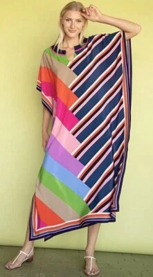 Nuevo con etiquetas $398 Maxi Vestido Trina Turk 100% Seda Theodora Caftán XXS Estampado a Rayas en Bloque Foto 1 de 4
