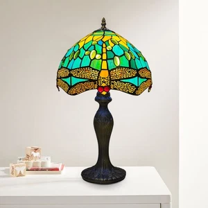 Green Dragonfly Tiffany Table Lamp Style Multicolor Stained Glass 10 inch Shade - Picture 1 of 13