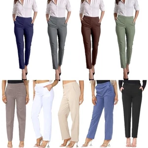 WOMENS TROUSERS LADIES HALF ELASTICATED STRETCH WAIST WORK OFFICE POCKETS PANTS - Picture 1 of 42