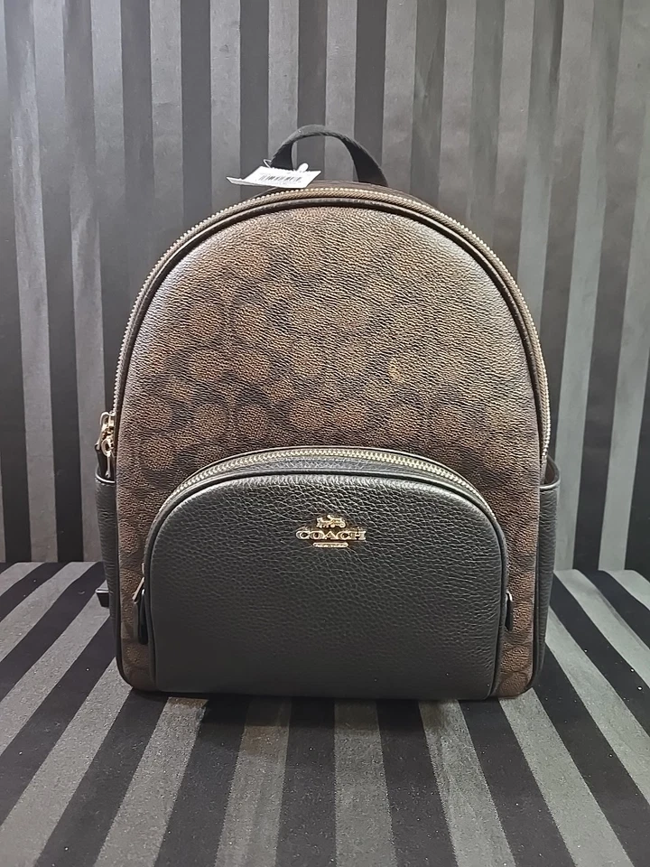 Coach Signature Court Zippered Backpack Walnut Black CZ176 Gold Tone Hardware