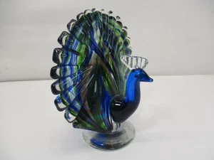 DYNASTY GALLERY Arte Vidrio Pavo Real Soplado Azul Verde Dorado Pájaro Transparente 6" Alto - Imagen 1 de 14
