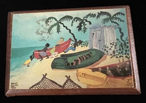 Bruce Smith Painted Wooden Box Signed Caribbean Fishermen Boats Palm Trees Nets - Picture 1 of 5